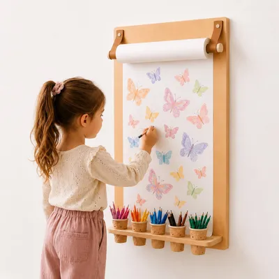 Image de Tableau mural à dessin avec porte-crayon en bois 70 x 53 cm, Avec rouleau de papier