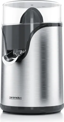 A close-up studio shot of a silver electric citrus juicer with a clear plastic lid and a black juicing cone.