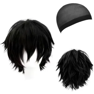 Produktbild von Perücke Schwarz Kurz Synthetik Herren Damen Cosplay Halloween Karneval Kostüm Set mit Haarnetz