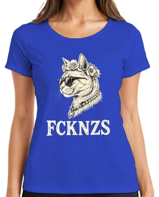 Productafbeelding van FCKNZS Kattenzonnebril, bloemenkrans, retro, vintage, dames T-shirt, blauw, maat XL