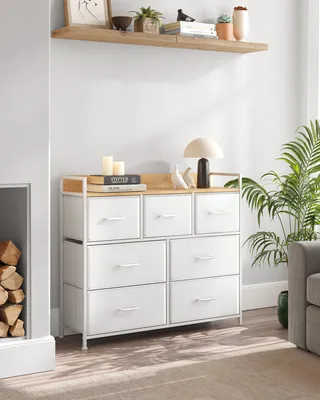 Produktbild von Songmics Kommode, 7 Stoffschubladen, Metallgestell, Weiß-Eichenfarben, 28.5 x 98 x 85 cm (T x B x H), mit Kippschutz, verstellbaren Füßen und erhöhtem Rand