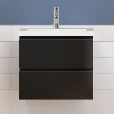 Produktbild von Waschtisch mit Unterschrank 60cm Alast Badmöbel Set Hochglanz Schwarz Rechteckiges Waschbecken mit Unterschrank MDF Softclose
