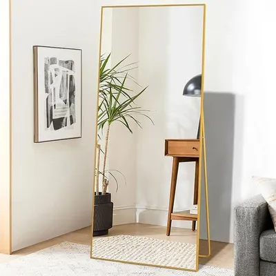 Image de Miroir mural complet, 180 x 80 cm, miroir sur pied doré avec cadre en alliage d'aluminium, miroir mural en verre trempé, grand miroir de sol pour chambre à coucher, dressing, salon