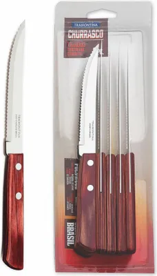 Produktbild von Tramontina STEAK-/PIZZA Messer, 6er Set, Steakmesser, Pizzamesser, Messer, Klinge 11.4 cm, Edelstahl / Holz, Rot, 29899-154