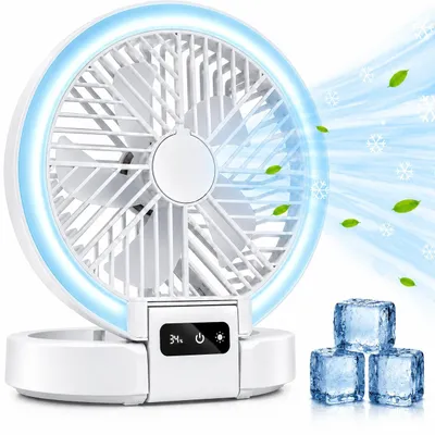 Image de Ventilateur portable LIFETIME AIR Mini, alimenté par USB et batterie rechargeable 1200mAh. Ventilateur de table avec 5 vitesses et indicateur LED. Dimensions : 21x20,5x23cm. Couleur : blanc