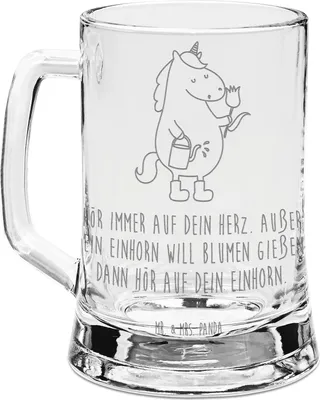 Produktbild von Mr. & Mrs. Panda Krug Einhorn Gärtner - Transparent - Geschenk, Unicorn, Gravur Bierkrug, Glas, Einhörner, Mit, Seidel, Stiefel, Giesskanne, Blume, Humpen