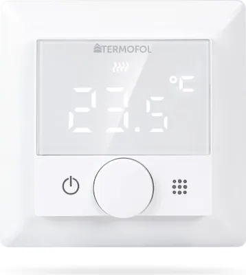 A white digital thermostat with a glass display showing the temperature and brand logo.