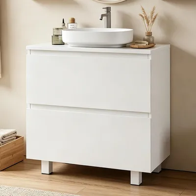 Image de Meuble sous-lavabo avec 2 tiroirs, meuble de salle de bain sur pieds, 60 x 30 x 56 cm, blanc