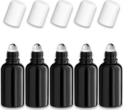 Produktbild von 5x Glasflasche schwarz 30 ml Roll-on mit weißer Kappe Kosmetikflasche
