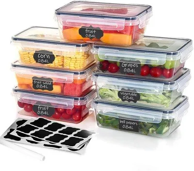 Obrázok produktu pre Sada 7 kusov priehľadných, vzduchotesných nádob na potraviny s objemom 840 ml – stohovateľné dózy na skladovanie potravín s vekom, opakovateľne použiteľnými štítkami a fixkou, bez obsahu BPA