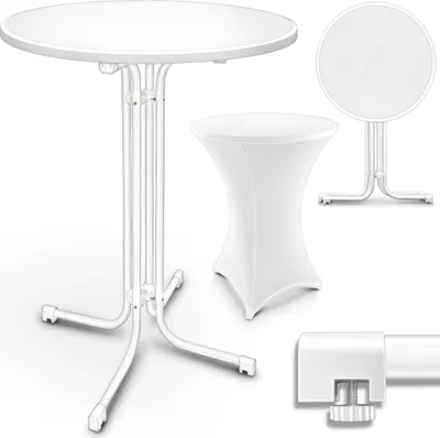 A white folding bar table and a white table cover are displayed against a white background.