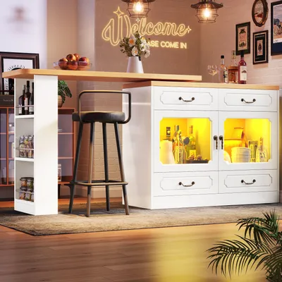Productafbeelding van Merax Uitschuifbare bar met LED-verlichting, 360° draaibare keukenbar met opbergruimte, dressoir met 4 lades en USB-poort, uitschuifbare eettafel, woonkamer, wit