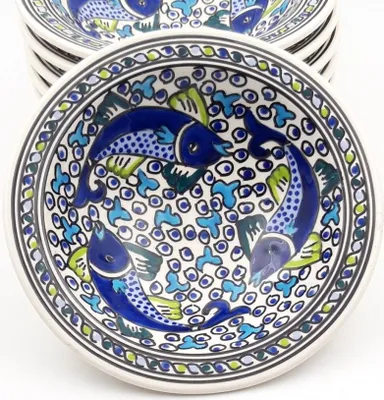 Image de Lot de 6 assiettes à couscous Tebsi Poissons Bleus - D 23 cm