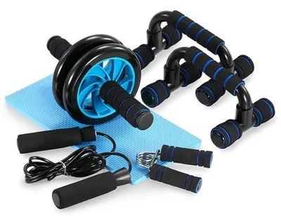 Productafbeelding van Unyqoos® 5-in-1 Fitnessset voor thuis – Complete trainingsset met buikroller met dubbele wielen, push-up stangen, springtouw, handgrepen en een kniemat