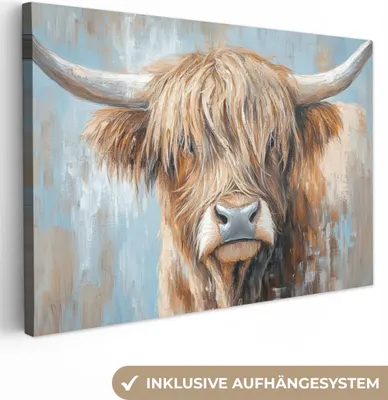 Produktbild von Wanddeko 120x80 cm - Schottisches Hochlandrind - Tiere - Kuh - Straßenkunst, Deko Wohnzimmer, Leinwand Bilder
