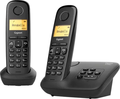 A black Gigaset cordless phone set with two handsets, one on its base station and another separate handset, displayed against a white background.