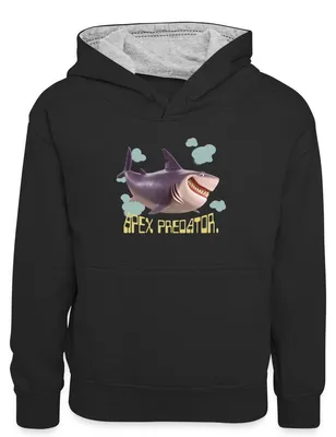 Produktbild von Spreadshirt Hoppers Apex Predator Hai Mit Schriftzug Kinder Kontrast-Hoodie, XS (3/4 years), Schwarz/Grau meliert