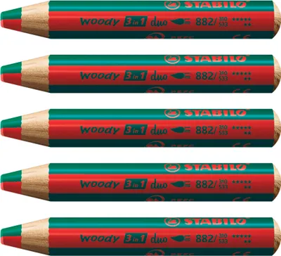 Image de STABILO woody 3 en 1 duo, Rouge, Vert, 5 pièces
