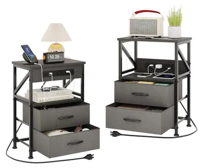 Nachtkastje-Set (2er) mit Steckdosen, USB, Schublade, Grau