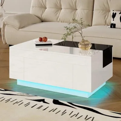 Image de Table basse réglable - blanche avec des accents noirs - finition brillante avec éclairage LED