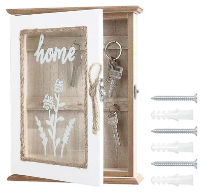 Productafbeelding van Rustieke sleutelkast wandmontage, houten sleutelhouder met 6 haken