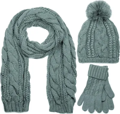Produktbild von styleBREAKER Schal, Mütze und Handschuh Set, Zopfmuster Strickschal mit Bommelmütze und Handschuhe, Damen 01018208
