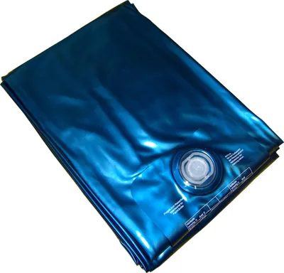 A folded blue inflatable product, possibly an air mattress or pool float, on a white background.