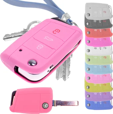 Produktbild von Auto Schlüssel Hülle Silikon Schutz Cover Rosa kompatibel mit Golf 7 Polo 6C Seat Ateca Arona Leon Skoda Octavia Superb Kodiaq 3 Tasten Klappschlüssel
