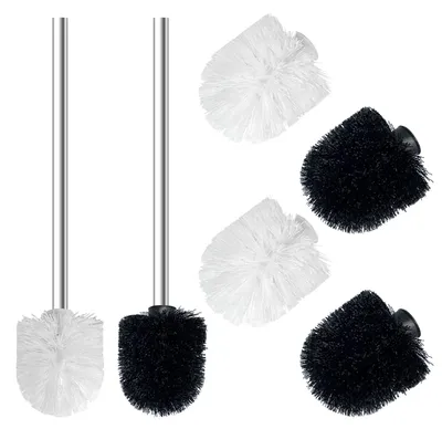 Image de Lot de 2 brosses de toilettes et 4 têtes de rechange, brosses sur pied avec manche en acier inoxydable pour les toilettes et la salle de bains, ergonomiques, élégantes et résistantes (blanc et noir)
