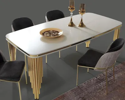 Image de Table de salle à manger Coin repas Meubles de salle à manger Table bois or blanc