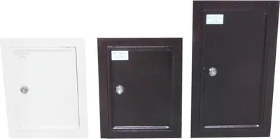 Three metal access doors of different sizes and colors are displayed against a white background.