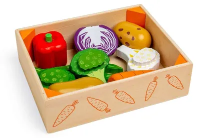 Image de Boîte en bois pour légumes avec des jouets représentant de la nourriture