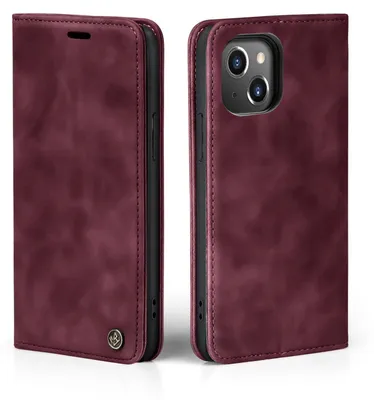 A burgundy flip case for an iPhone 14 is shown from two angles.