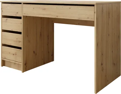A wooden desk with drawers on a white background.