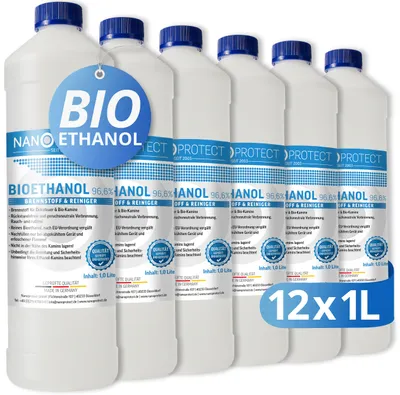 Produktbild von Nanoprotect Bioethanol 96,6% | 12 x 1 Liter | Flüssiger Ethanol Brennstoff für Indoor Kamin und Tischfeuer | Reiner Ethylalkohol als Lösungsmittel | e …