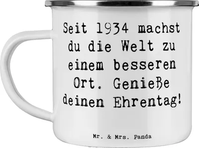 Produktbild von Mr. & Mrs. Panda Teetasse Spruch 1934 Geburtstag - Weiß - Geschenk, Motivtasse, Geburtsjahr, Geburtstagsgeschenk, Campingtasse, Ehrentag, Haferl, Licht, Alter, Pott
