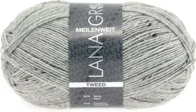 A ball of grey tweed yarn with a label.