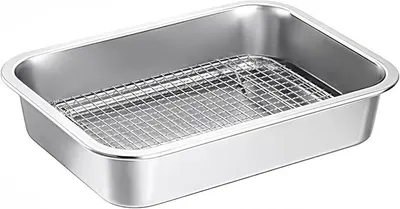 Imagen del producto de Sartén de acero inoxidable resistente con rejilla, bandeja profunda para pavo y pollo, apta para horno, fácil de limpiar, 44 x 34 cm