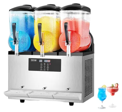 Image de VEVOR Machine à glace commerciale Slushie, 12 l x 3, trois boîtes, machine à boissons glacées, 144 tasses, acier inoxydable, clavier à bande souple pour fête, restaurant, café, bar