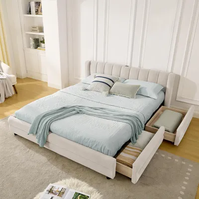 Produktbild von STILVORA Einzelbett 140x200 cm mit Matratze Bettgestell mit seitlichen Aufbewahrungsfächern, Polsterbett mit USB-Ladeport, Jugendbett mit ergonomischem Design in Beige