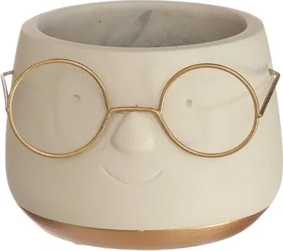 A close-up studio shot of a decorative planter pot designed to look like a face wearing glasses.