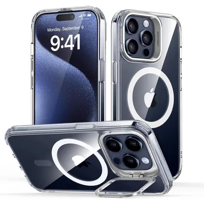 Obrázok produktu pre Puzdro pre iPhone 15 Pro Max, kompatibilné s MagSafe, s vojenskou ochranou, s možnosťou použitia ako stojan, odolné proti poškriabaniu, priehľadné
