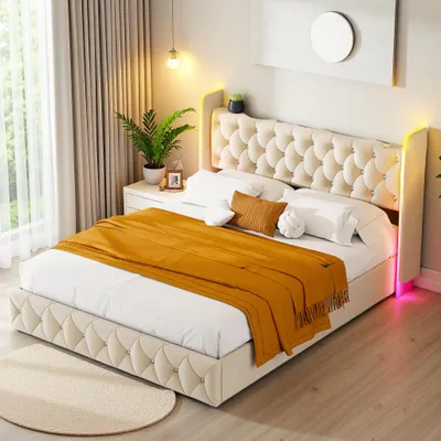 Image de Lit coffre en velours beige 160x200 cm avec tête de lit rembourrée, LED, USB, pression d'air et protection contre les chocs