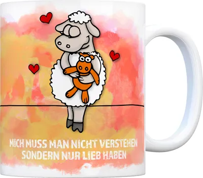 Produktbild von Kaffeebecher mit Schaf Motiv und Spruch: Mich muss man nicht verstehen ...