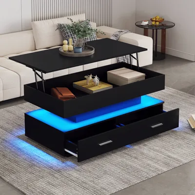 Produktbild von Merax Couchtisch mit LED und Schubladen, Kaffeetisch mit APP Steurung, Beistelltisch mit ausziehbarer Tischplatte, Wohnzimmertisch 100x50x44cm Schwarz