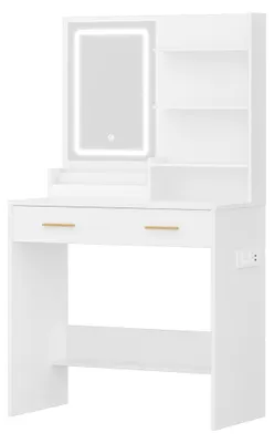 Imagen del producto de Tocador con espejo, iluminación LED, 2 enchufes y 2 puertos USB, 2 cajones, 4 compartimentos abiertos, color blanco