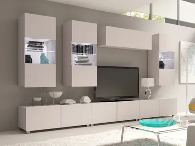 Produktbild von Wohnwand CALABRINI-11 Wohnzimmer-Set Hängewohnwand Schrankwand mit LED-Beleuchtung TV-Schrank Vitrine Moderne Anbauwand (Kaschmir)