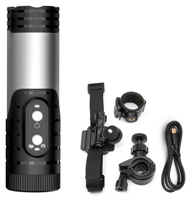 A product shot of a mini sport camera and its accessories, laid out on a white background.