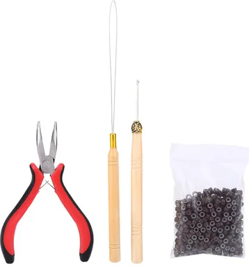 Imagen del producto de Kit de conectores para pelucas, pinza, aguja para bucles con 500 microanillos, herramienta para extensiones de cabello, color marrón