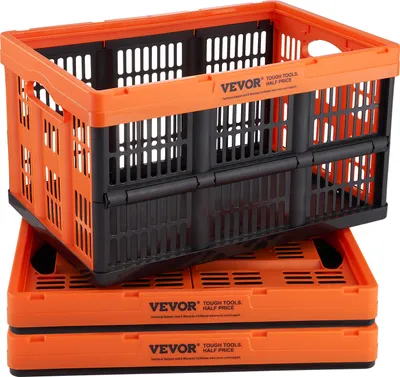 A stack of three orange and black folding storage crates, with one crate open on top.